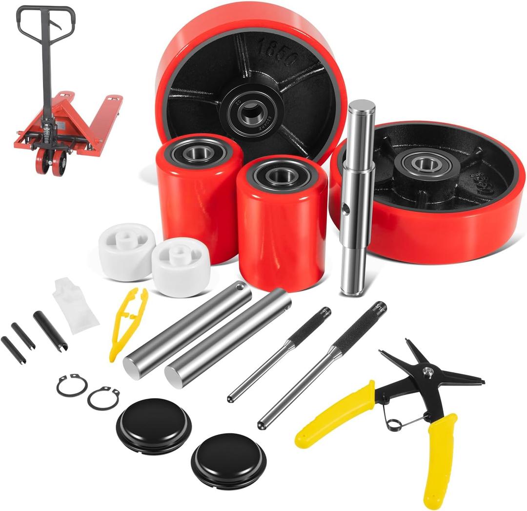Pallet Jack/Truck Full Wheel Replacement Kit, Pair Steering Wheels (7"x 2"), Pair Front Load Roller(3" x 3.75"), with Pre-Installed Bearings, Axles, 20mm ID Poly Tread, Entry Rollers, Install Tool Kit