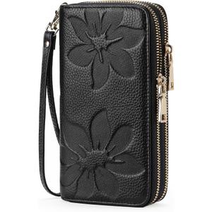 GOIACII Women's Wallet Large Capacity Double Zip Ladies Card Phone Holder RFID Blocking Wristlet Leather