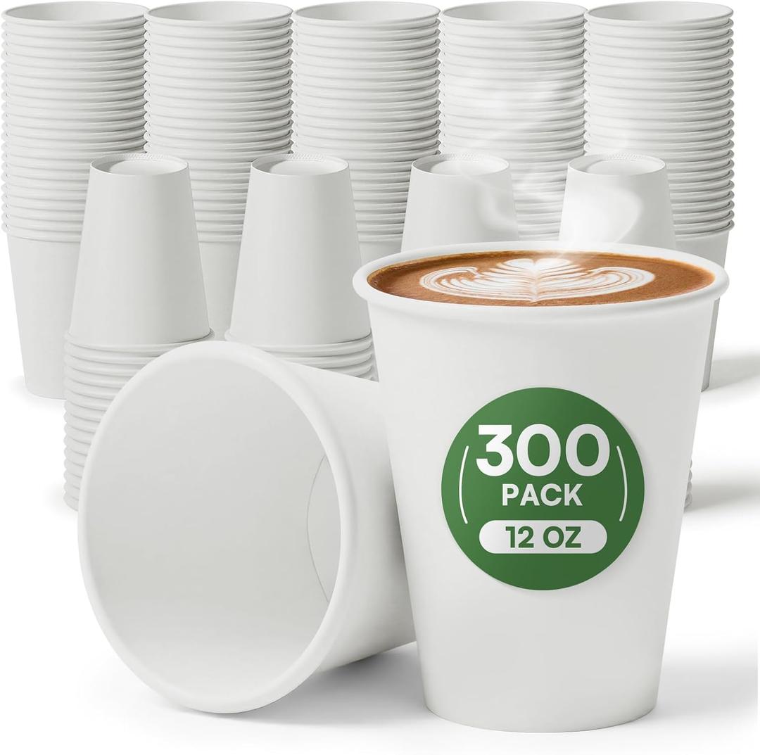 12 oz Disposable Coffee Cups 300 Pack, BPA Free Leak Proof White Paper Coffee Cups 12 oz, 300GSM Thickened Unbleached Cups for Hot & Cold Drinks, Home Office Parties