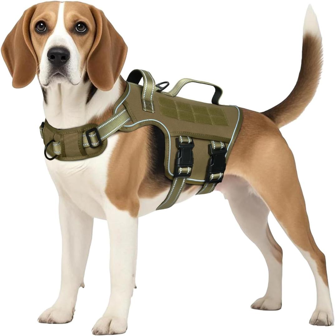 Tactical Dog Harness Medium Sized, Heavy Duty No Pull Dog Harness with Handle, Easy On and Off Service Dog Vest with Molle System, Adjustable Reflective Pet Vest for Walking Hiking Training (M(Neck:17-23",Chest:22-32"),35-50 lbs, Khaki)
