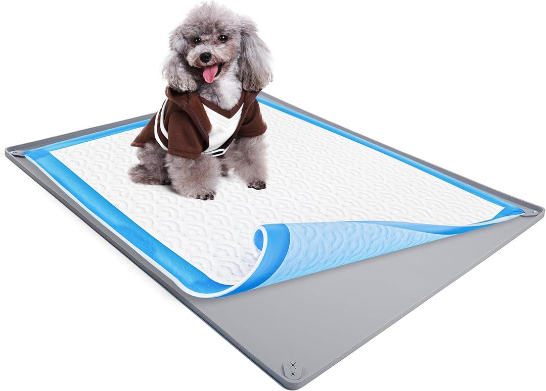 TidyFriend Dog Pee Pad Holder Tray Fits for 28 x 34 Pee Pads with Corner Lock Holes, Raised Edges, Non-Spill, Easy to Clean Silicone Dog Potty Tray Holder, for Indoor Floor Protection (Light Grey)