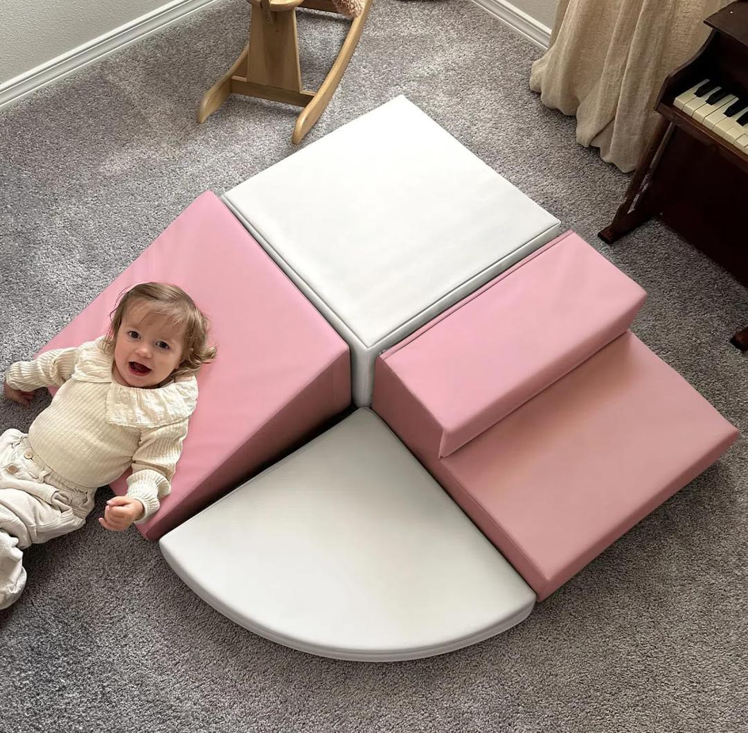 Large 4 Pieces Climbing Toys for Toddlers 1-3, Non-toxic & Eco-friendly Toddler Climbing Toys Indoor, Soft Play Equipment Indoor for Motor Skills, Easy Setup & Clean Climbing Blocks, Pink & White