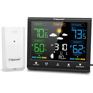 Geevon Weather Station Wireless Indoor Outdoor Thermometer, Color VA Display Digital Temperature Humidity Monitor with Time, Alarm Clock, Comfort Indicator, Adjustable Backlight