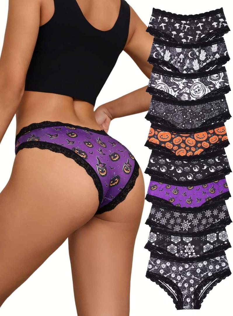 Morvia 10pcs Women's Gothic Contrast Lace Halloween Skull & Rose Print Hipster Panties Assorted Styles (Medium, Multicolor 3)