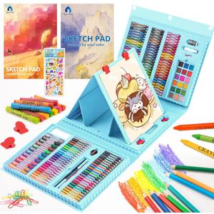 VigorFun Art Supplies, 240-Piece Drawing Art Kit, Gifts Art Set Case with Double Sided Trifold Easel, Includes Sketch Pads, Oil Pastels, Crayons, Colored Pencils, Watercolor Cakes, Stickers (Cyan)