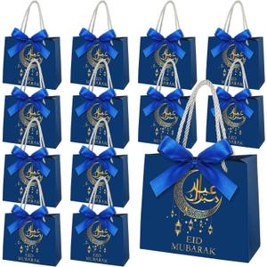 Gueevin 24 Pcs Eid Mubarak Party Gift Bags Moon Star Goodie Paper Treat Bags with Handles and Ribbon for Eid Mubarak Ramadan Kareem Muslim Party Supplies Favors Decorations