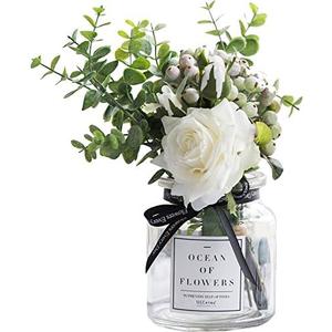 Ins Style Vase with Artificial Flower Set 1 Piece Fake Rose Berry Leaf Floral Flower Arrangement Glass Rose (White S)