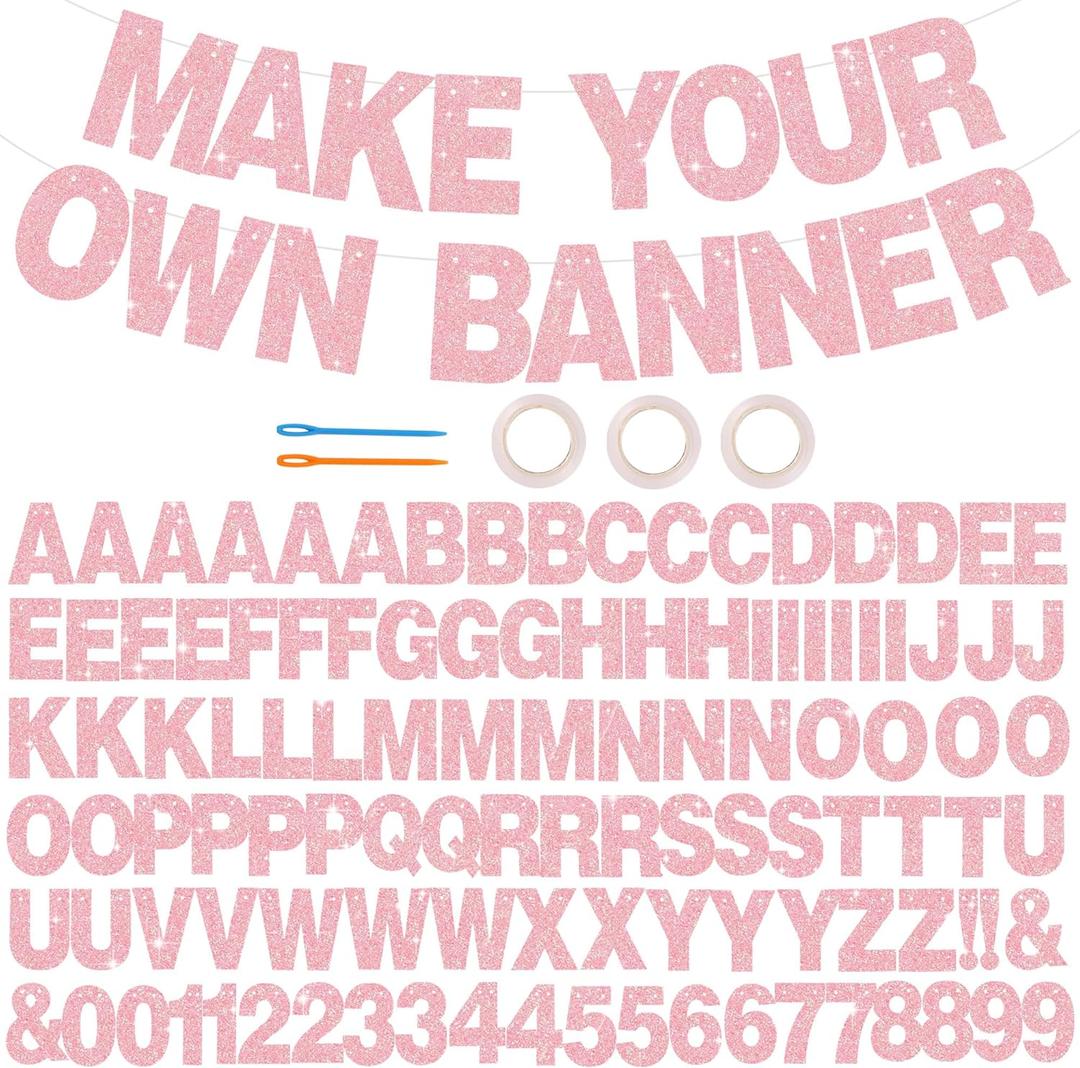 BEISHIDA 116 PCS Glitter Dark Pink DIY Letter Banner Kit Make Your Own BannerIncluding 111 Letters and Numbers 3 Rope and 5 Threading Device,Customized for Birthday Graduation Wedding Party Decor