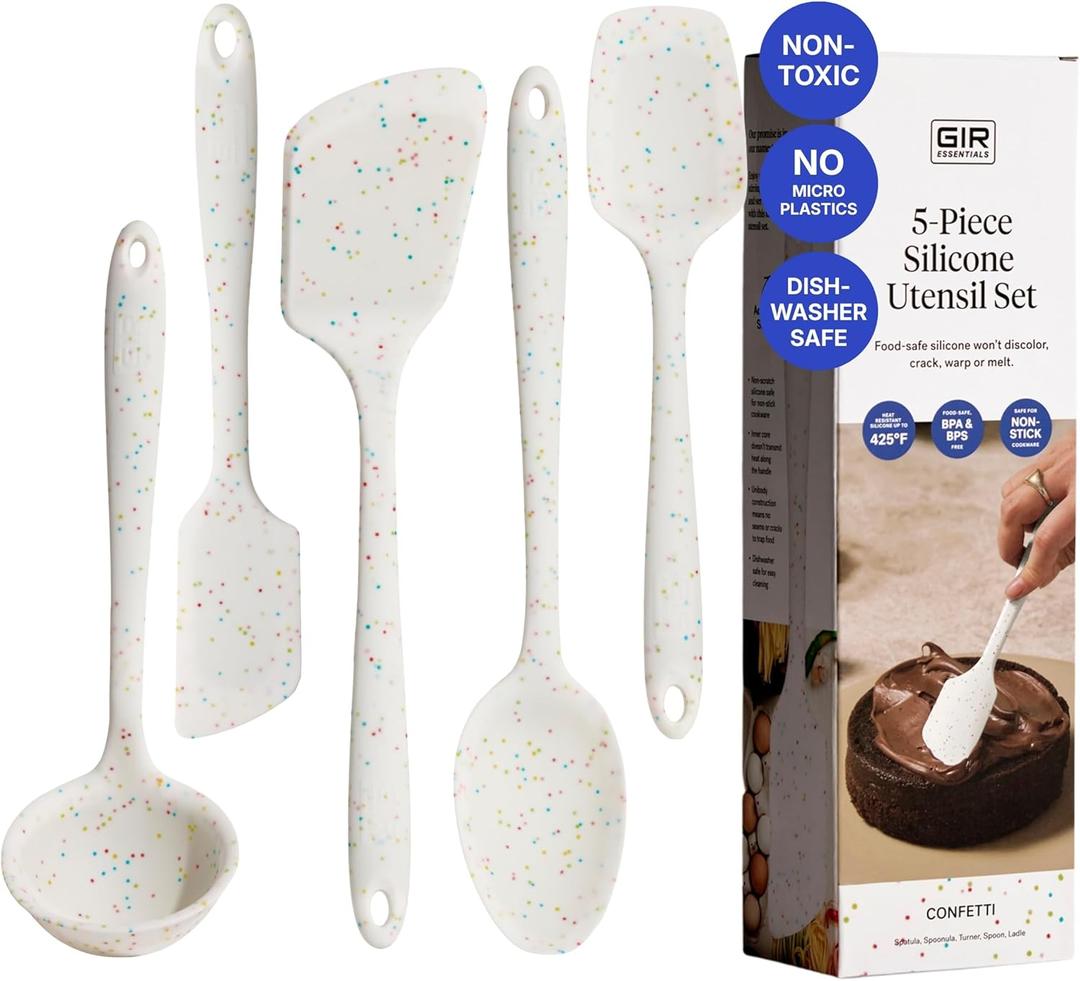 GIR 5-Piece Silicone Kitchen Utensils Set, Non-Toxic Cooking Utensils for Cooking and Baking, Heat Resistant, Food Grade, Dishwasher Safe Rubber Spatula, Ladle, Spoon - Party Confetti
