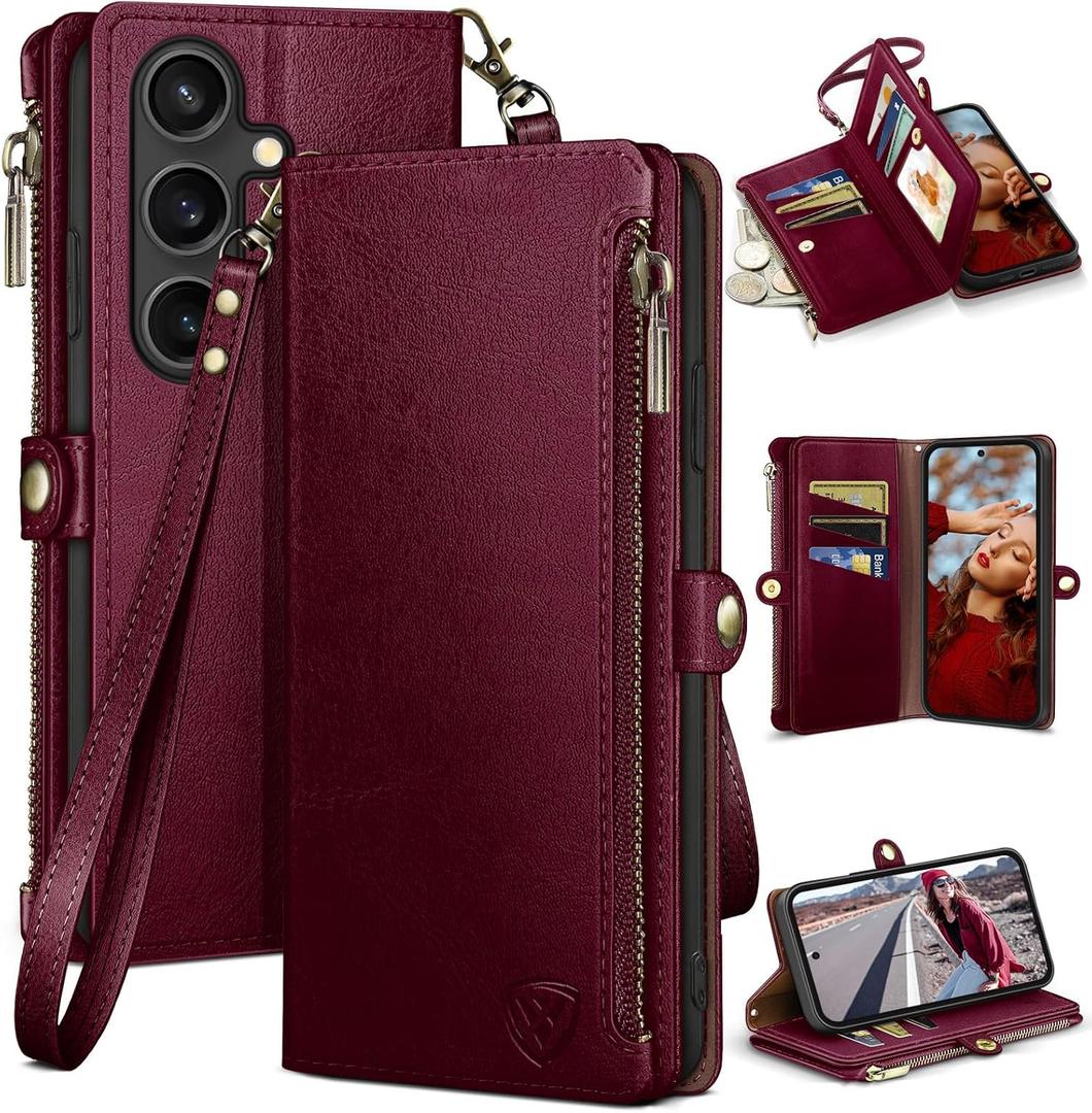 XcaseBar Compatible with Samsung Galaxy S25 Wallet case with Zipper Credit Card HolderRFID Blocking,Flip Folio Book PU Leather Phone case Shockproof Cover Men Women for Samsung S25 case Wine Red