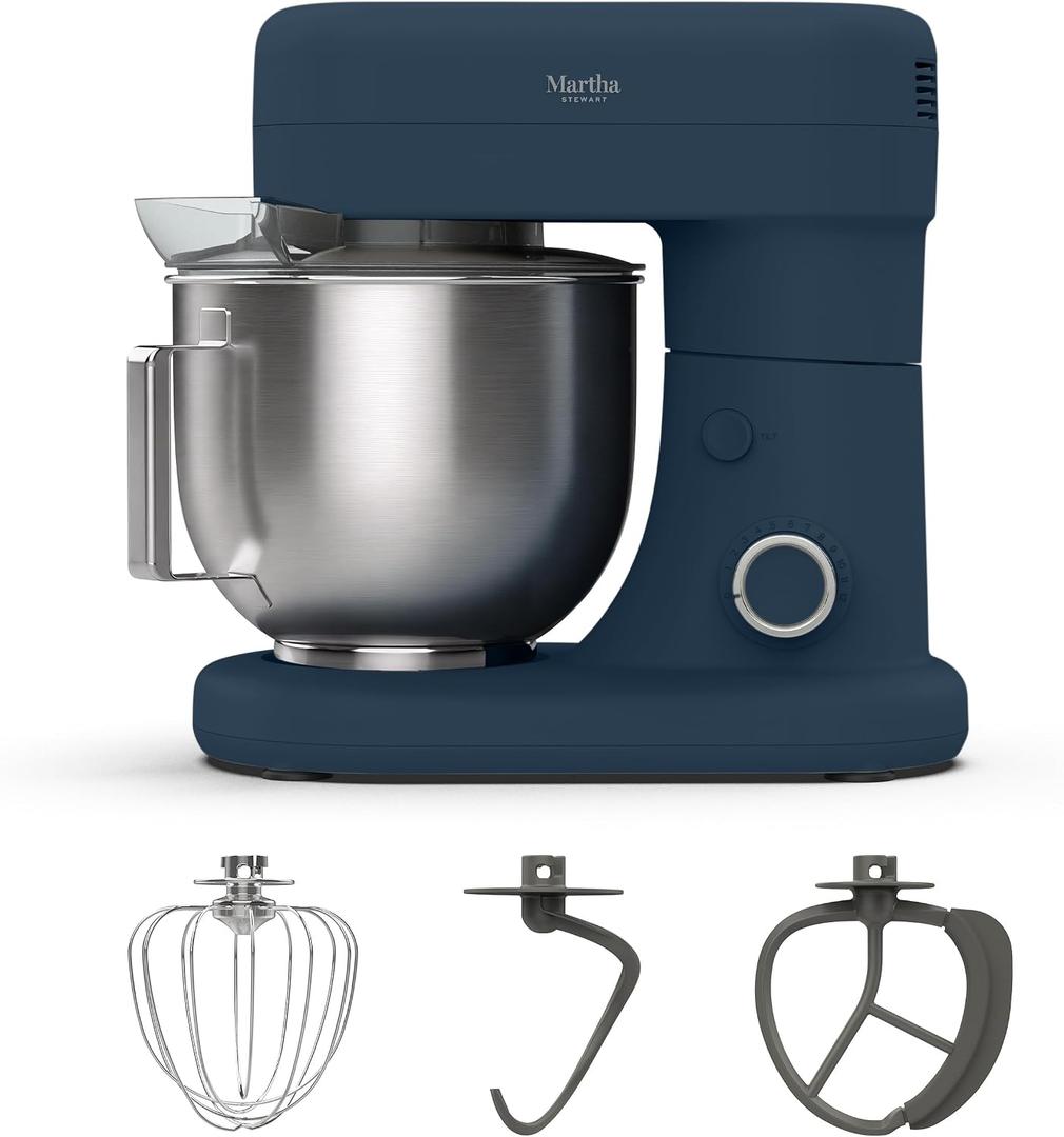 Martha Stewart 5.3Qt Stand Mixer, 12-Speed Tilt-Head Electric Kitchen Mixer with Stainless Steel Bowl, Dough Hook, Whisk & Beater, Splash Guard, Ideal for Baking Bread, Cake & Whipping, Indigo Blue