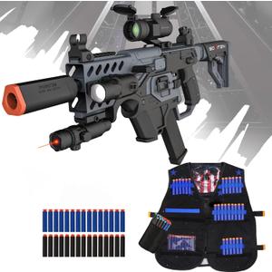 Toy Gun Automatic Sniper Rifle with Tactical Vest Kit, Scope. Toy Foam Blaster Dart Toys with 120 Darts, IR and Flashlight. The Shooting Activity Game for Kids Age 8+ (Black)