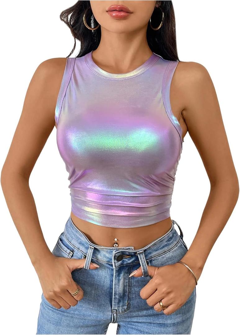 Floerns Women's Metallic Glitter Crew Neck Tank Top Ruched Sleeveless Party Crop Tops, Large, Purple