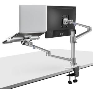 Viozon Monitor and Laptop Mount, 2-in-1 Adjustable Dual Arm Desk Mounts Single Desk Arm Stand/Holder for 17 to 32 Inch LCD Computer Screens, Extra Tray Fits 12 to 17 inch Laptops (Silver)