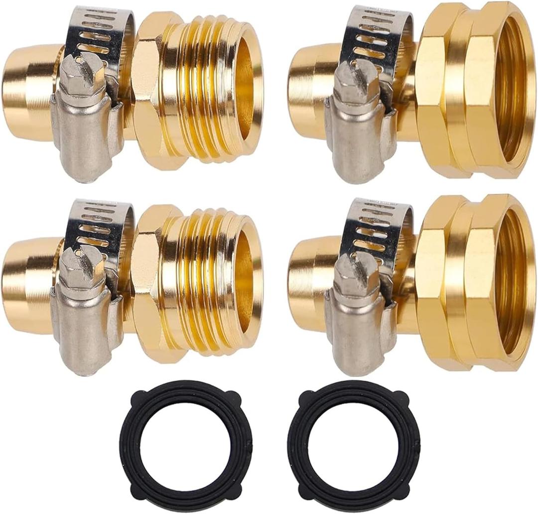 Biswing Garden Hose Repair Connector with Clamps, 5/8" Barb x 3/4" GHT Thread Aluminum Water Hose Pipe Repair Kit, Female and Male Hose Connectors with Stainless Steel Clamp, 2 Pack