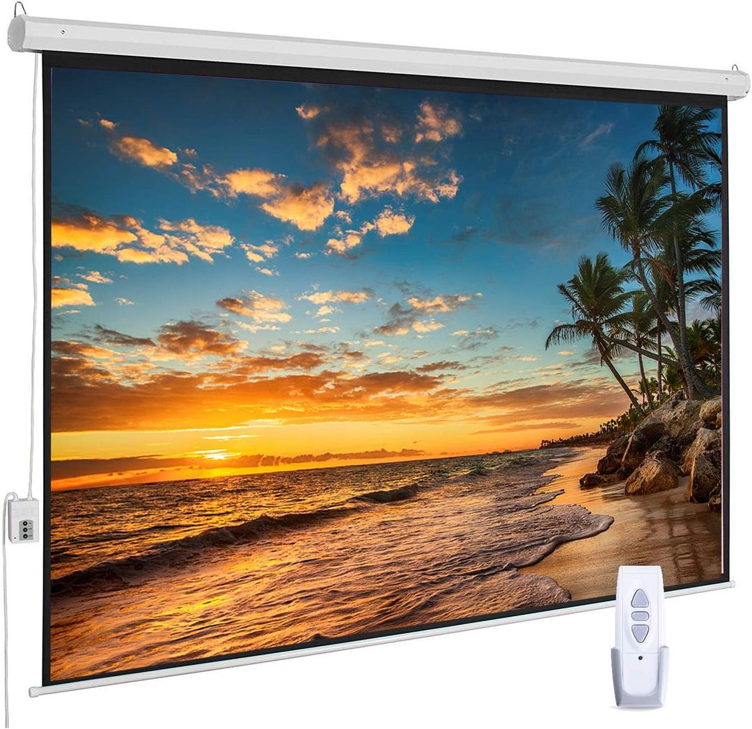 100 Inch Motorized Projector Screen - 16:9 HD Electric Movie Screen with Remote Control, Wall/Ceiling Mounted for Home Theater, Office, Wrinkle-Free Projection Screen for Indoor Use (White)