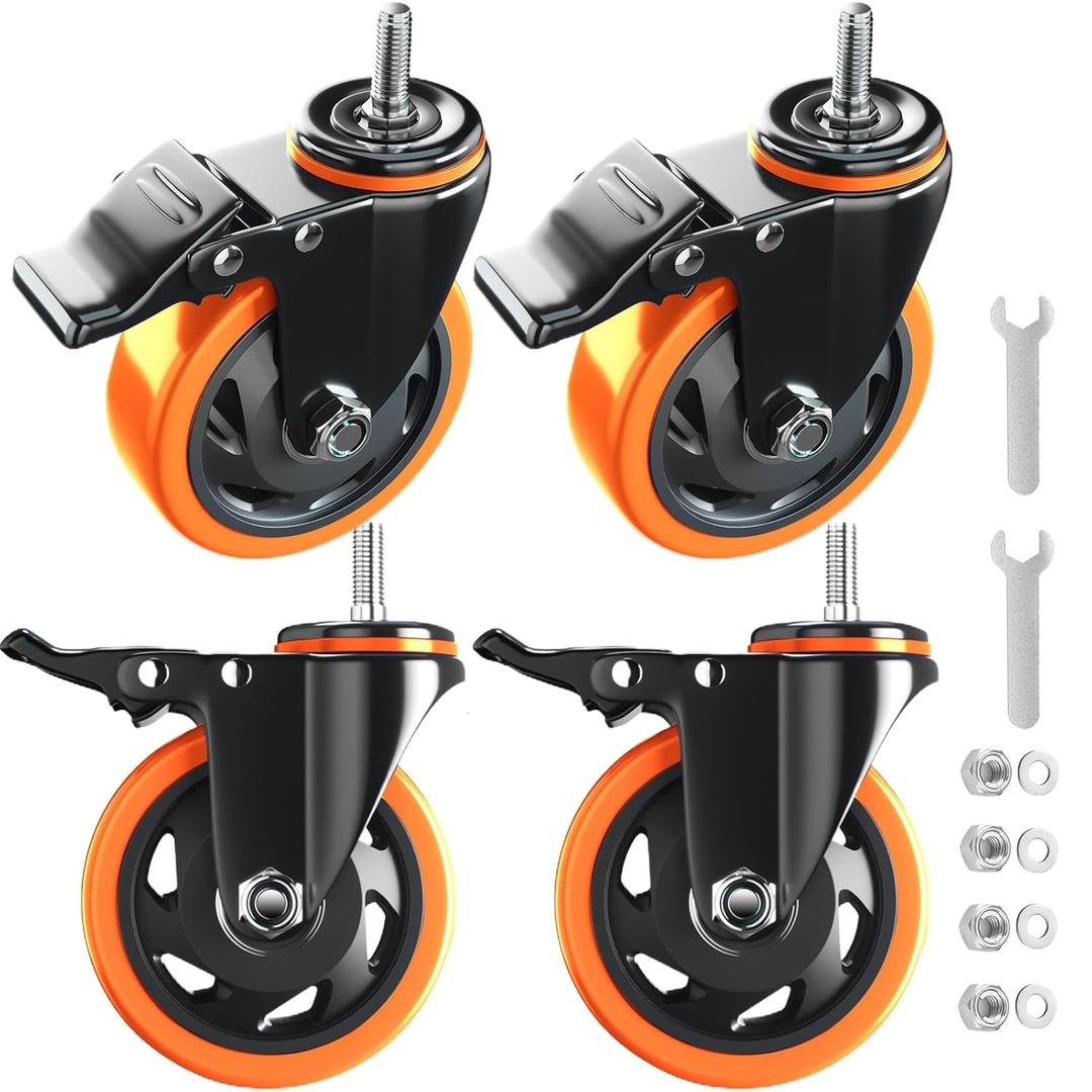 4 Inch Stem Caster Wheels Heavy Duty with Dual Locking 2000Lbs, Threaded Stem Casters 1/2" -13 x 1, Swivel Industrial Casters Set of 4, Wheels for Cart and Furniture Orange