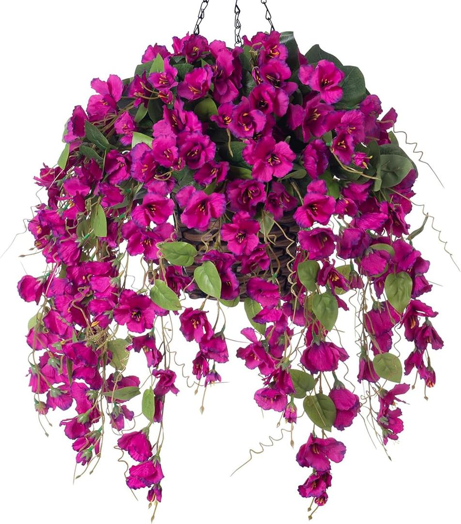 Artificial Fake Hanging Hibiscus Flowers Plants Baskets for Outdoor Decoration, Faux Silk Hibiscus Long Vines in Planter UV Resistant Realistic Flowers for Outside Porch Patio Home Decor(Purple 2)