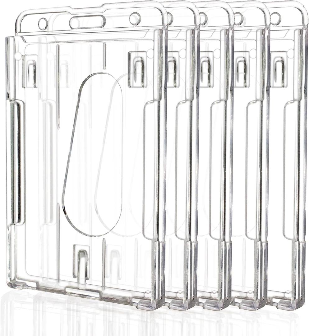 Teskyer Hard Plastic ID Badge Holder, Heavy Duty & High Clear PC Material, Holds 2 Cards, Suitable for Name Work IDs Credit Cards Access Cards, Vertical - 5 Pack