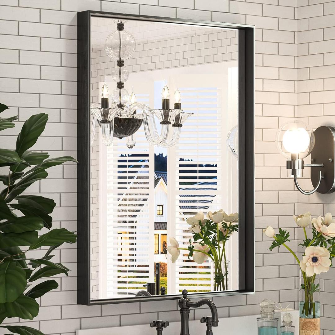 Keonjinn Black Bathroom Mirror 22 x 30 Inch, Brushed Black Framed Mirror for Over Sink, Rectangle Wall Vanity Mirrors with Square Corner, Alumium Frame, Modern Farmhouse Style