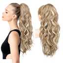 REECHO Ponytail Extension, 24" Claw Clip Ponytail Extension Wavy Ponytails Hair Extensions Jaw Clip on Pony Tails Natural Synthetic Hairpiece for Women Daily, Honey Blonde with Highlights