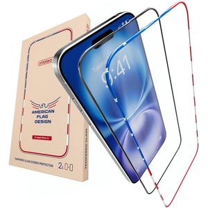 2 x Screen Protector for IPhone 15/16- Tempered Glass Screen Protector for IPhone 16/15 with Frame US FLag Color and Black - Full Screen Coverage 9H - Easy Installation (2 Pack)