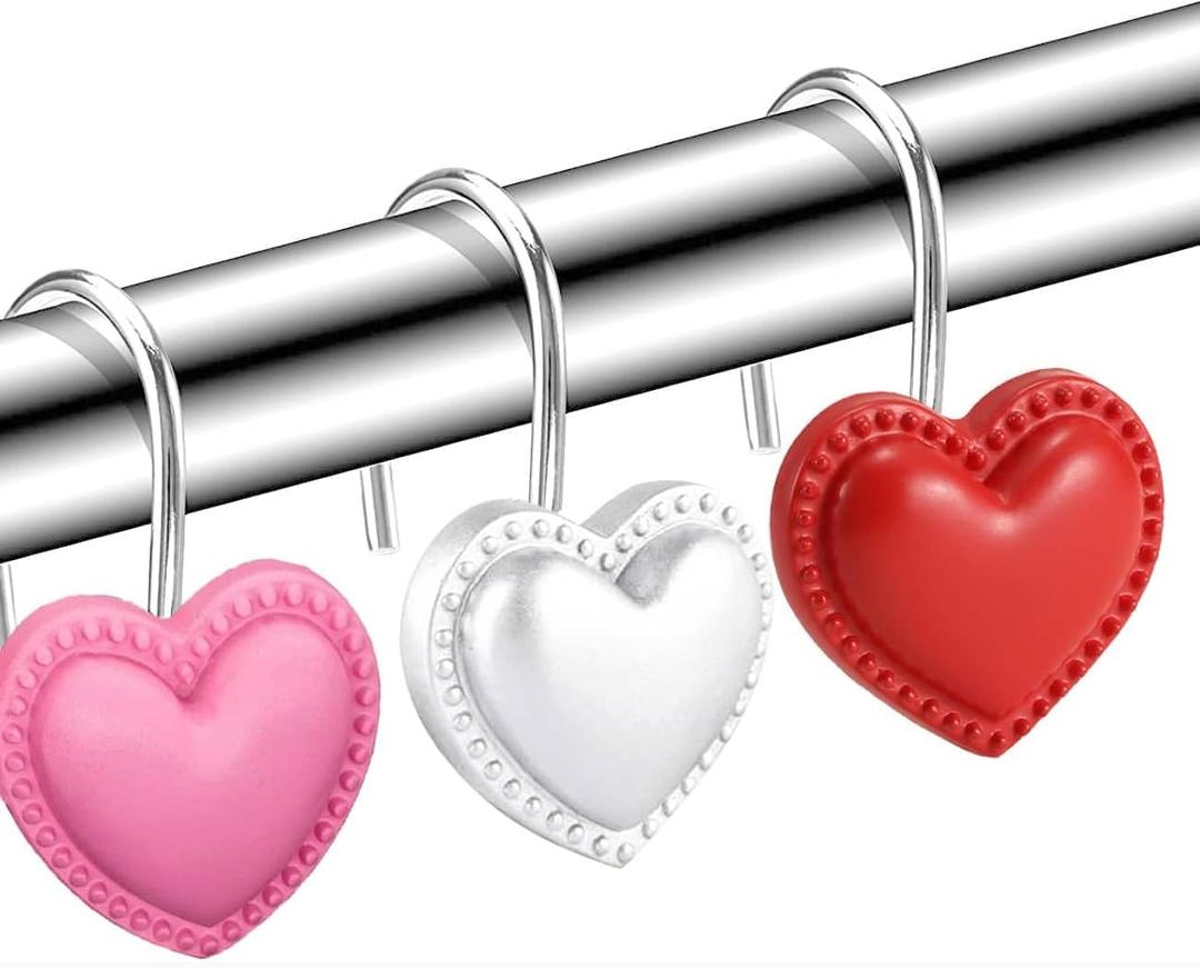 12 Pieces Heart Shaped Shower Curtain Hooks, Decorative Valentines Day Curtain Hooks,Stainless Steel Rust Resistant Curtain Rings, Red, Pink, White (Colorful)