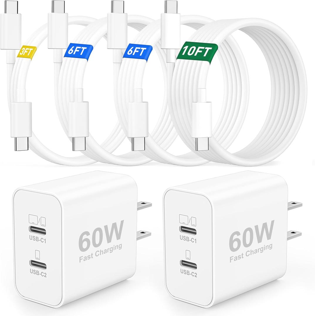60W USB C Fast Charger for iPhone 17 16 15, 2 Pack 60W Dual Port Type C Charger Super Fast Charging Block with 3/6/6/10FT Long USB-C Cable for iPhone 17/17 Pro Max/16/16 Pro/15/15 Pro Max/Plus, iPad