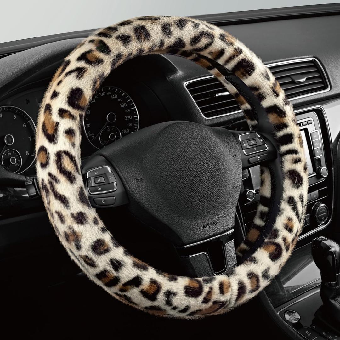 Road Comforts Leopard Plush Steering Wheel Cover for Winter, Made with Flurry Microfiber, Universal Fit 14 1/2 to 15 inches, Soft Fuzzy Warm for Winter (White)
