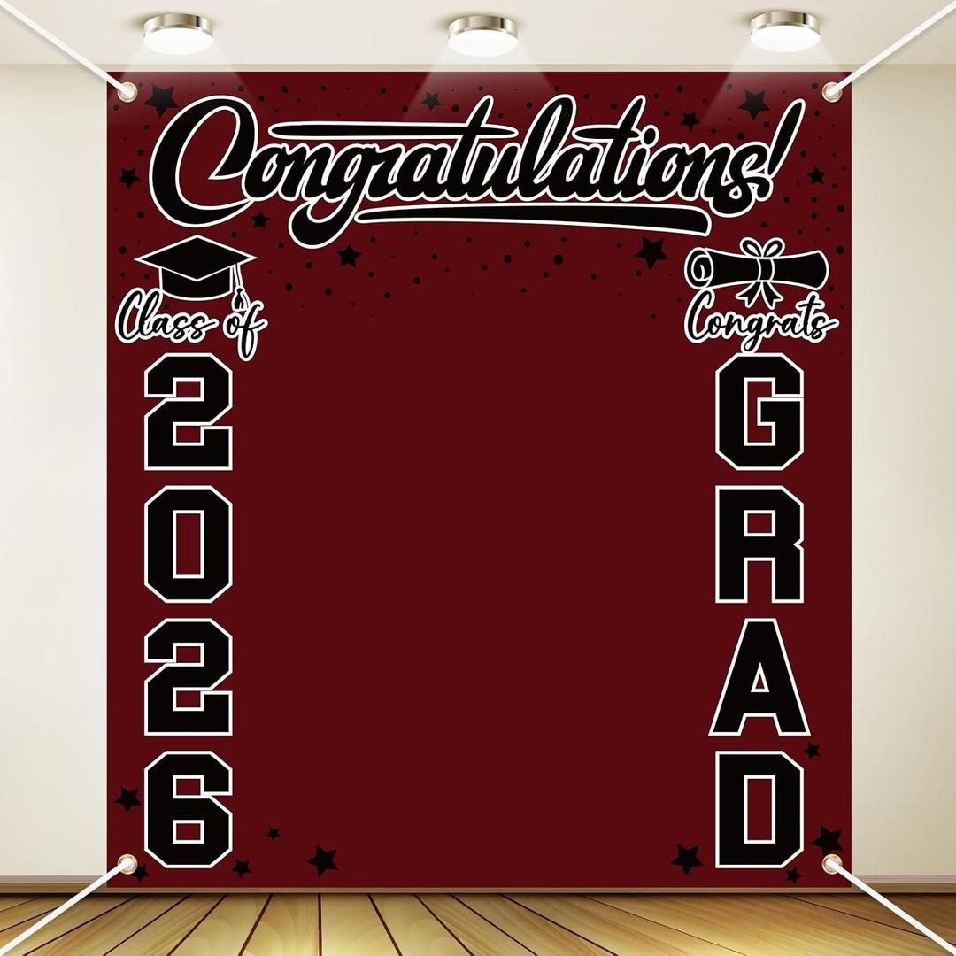 Frienda Large Class of 2026 Graduation Backdrop 6.6 x 7.2 ft Congrats Grad Graduation Party Decoration Photography Background for High School College Party Decor Supplies(Maroon Black)