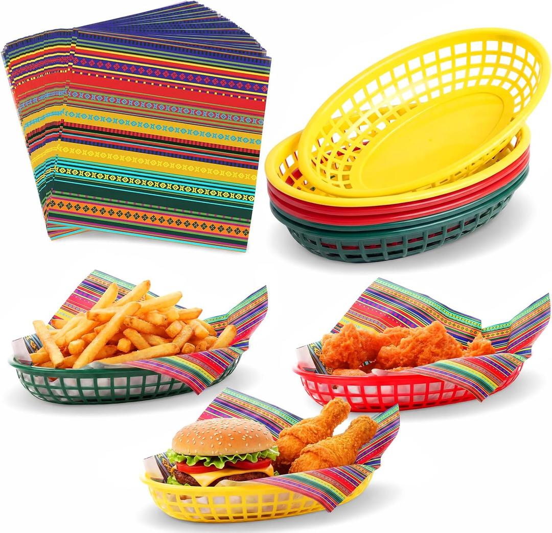 Domensi 56pcs Fast Food Baskets 6 Colorful Plastic Food Baskets 50 Deli Paper Sheets Mexican Party Decoration for Taco Party Sandwiches Burgers Fries Wrapping Hot Dogs