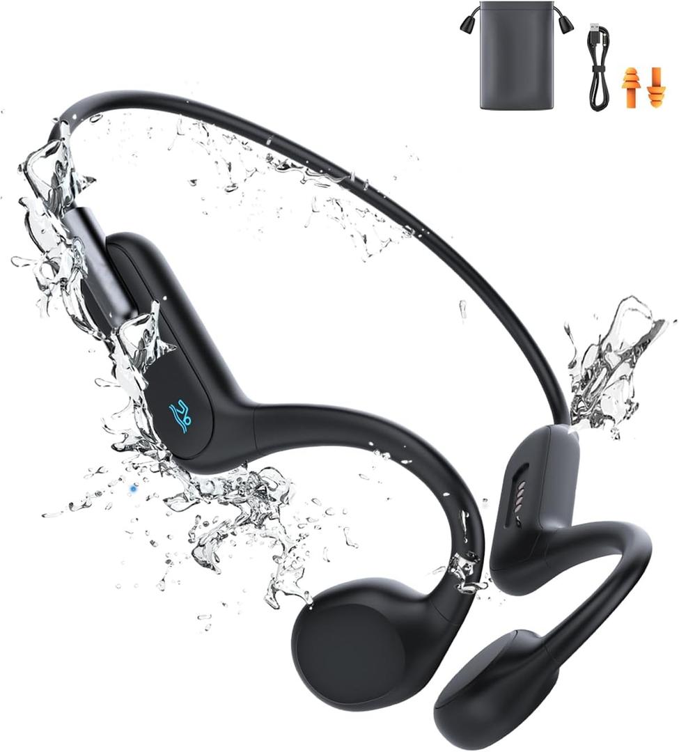 Bone Conduction Headphones, Swimming Headphones Underwater Open Ear Built-in 32GB Memory IPX8 Waterproof for Swimming, Running, Cycling, Black