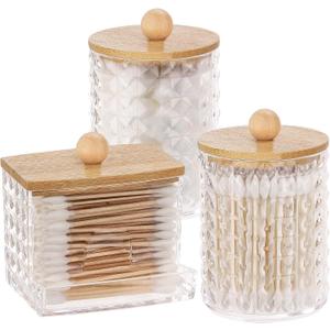 Tbestmax 3 Pack Qtips Holder Bathroom Container, 10/7 oz Cotton Ball/Swabs Dispenser, Apothecary Jar with Bamboo Lids for Bathroom Storage Organizer, Group C-Beige Wood