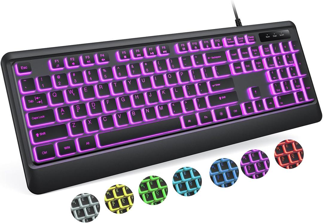 Backlit Computer Keyboards, Wired USB LED Keyboard with 7 Colors Backlight, Plug and Play, Waterproof, Full Size Quiet Computer Keyboard for Windows Desktop, PC, Laptop, Gaming (Black)