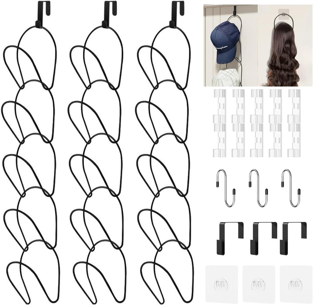 LINFIDITE 15 Pack Hat Rack Hanger Holder Organizer Closet Hanging Baseball Cap Display Storage Rack for Scarves Handbags Towels Clothes Ties Over Door Wall Mounted w Hanging Hook Black (Round Ring)