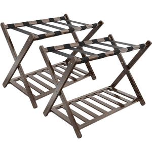 Luggage Racks, Folding Suitcase Stand with Storage Shelf, Bamboo Suitcase Rackwith Unique Magnetic Locking, 2 Pack Assembled Luggage Rack, Luggage Holders Stand for Guest Room, Bedroom, Hotel (Walnut)