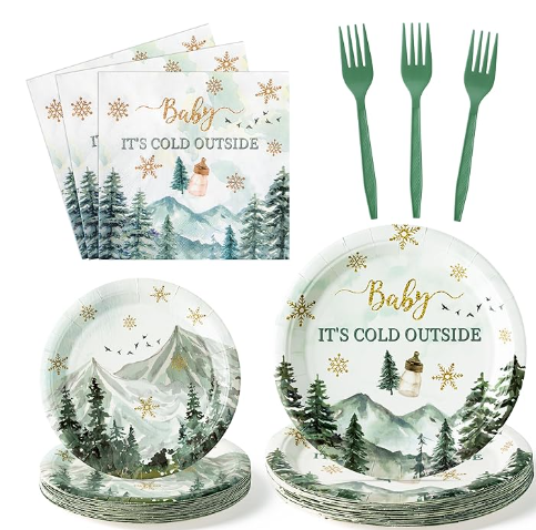 96Pcs Baby It's Cold Outside Winter Wonderland Snowflake Party Plates Supplies - Party Tableware Decorations Disposable Paper Plates Napkins Forks for Birthday Christmas Baby Shower, Serves 24