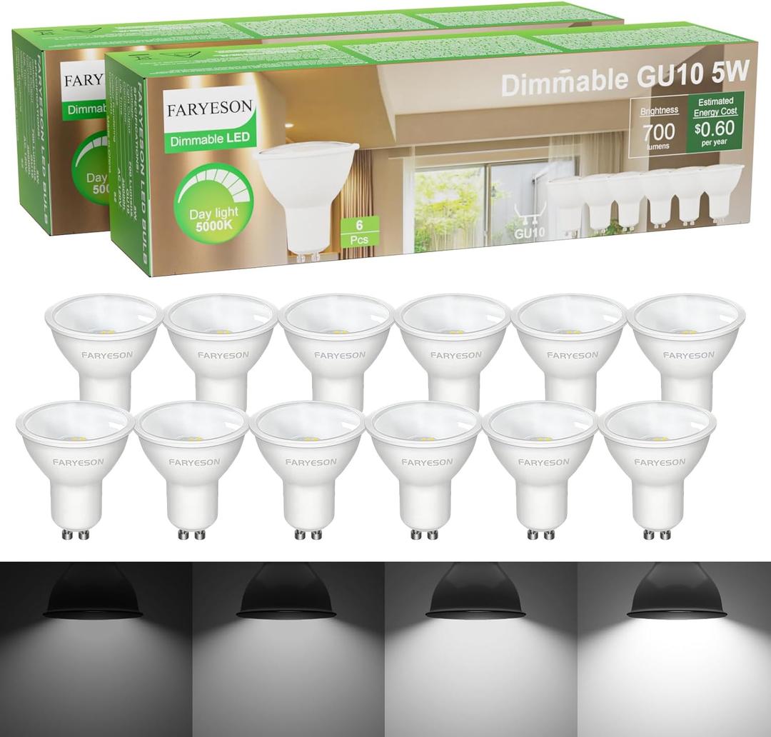 Dimmable GU10 LED Light Bulbs - 5W, Daylight White (5000K), 700 Lumens, Wide 110 Flood Beam, Great for Recessed and Track Lighting in Kitchens, Living Rooms, and Bedrooms, 12-Pack