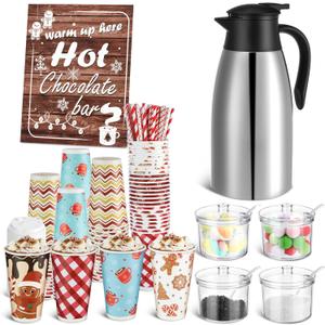 Bokon 104 Pcs Christmas Hot Chocolate Bar Set 68 Oz/ 2 L Stainless Drink Dispenser 16 Oz Cocoa Cups Hot Chocolate Bar Station Sign Acrylic Sugar Bowls for Christmas Winter Party Supplies(Cute)