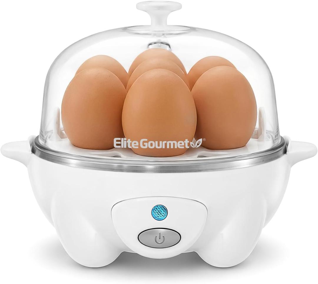 Elite Gourmet EGC007## Rapid Egg Cooker, 7 Easy To Peel, Hard, Medium, Soft Boiled Eggs, Poacher, Omelet Maker, Auto Shut Off, Alarm, 16Recipe Booklet, White