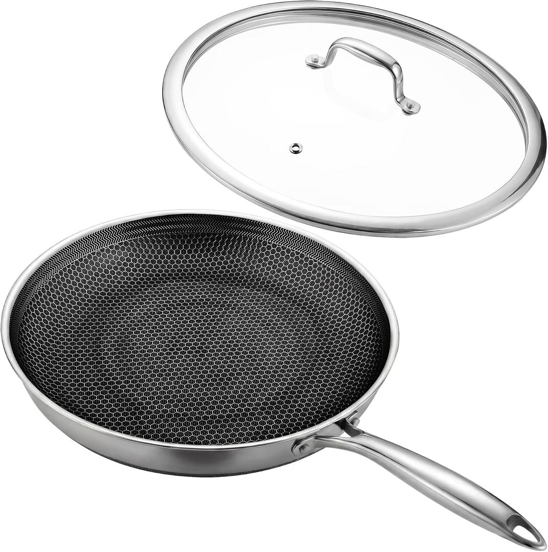 12" Non-Stick Frying Pan with Lid Tri-Ply Stainless Steel Pan with Stay-Cool Handle Oven & Dishwasher Safe For Induction, Ceramic & Gas Stovetops