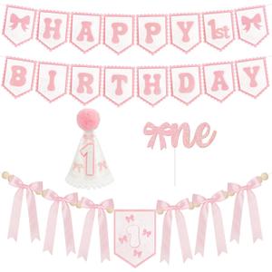 THAWAY 1st Birthday Decorations Girl - Pink First Birthday Decorations for Girl with One High chair banner, Felt Banner, Hat and Glitter Cake Topper for Baby Girl Birthday Photoshoot Props