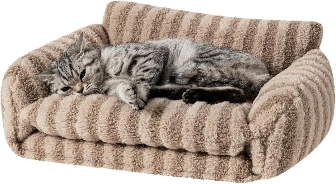 Hollypet Cat Bed Fluffy Plush Mutifuctional Double-Layer Soft Pet Couch Orthopedic Sofa Nest Beds for Small Cats and Dogs, Khaki (21x15x8 inch)