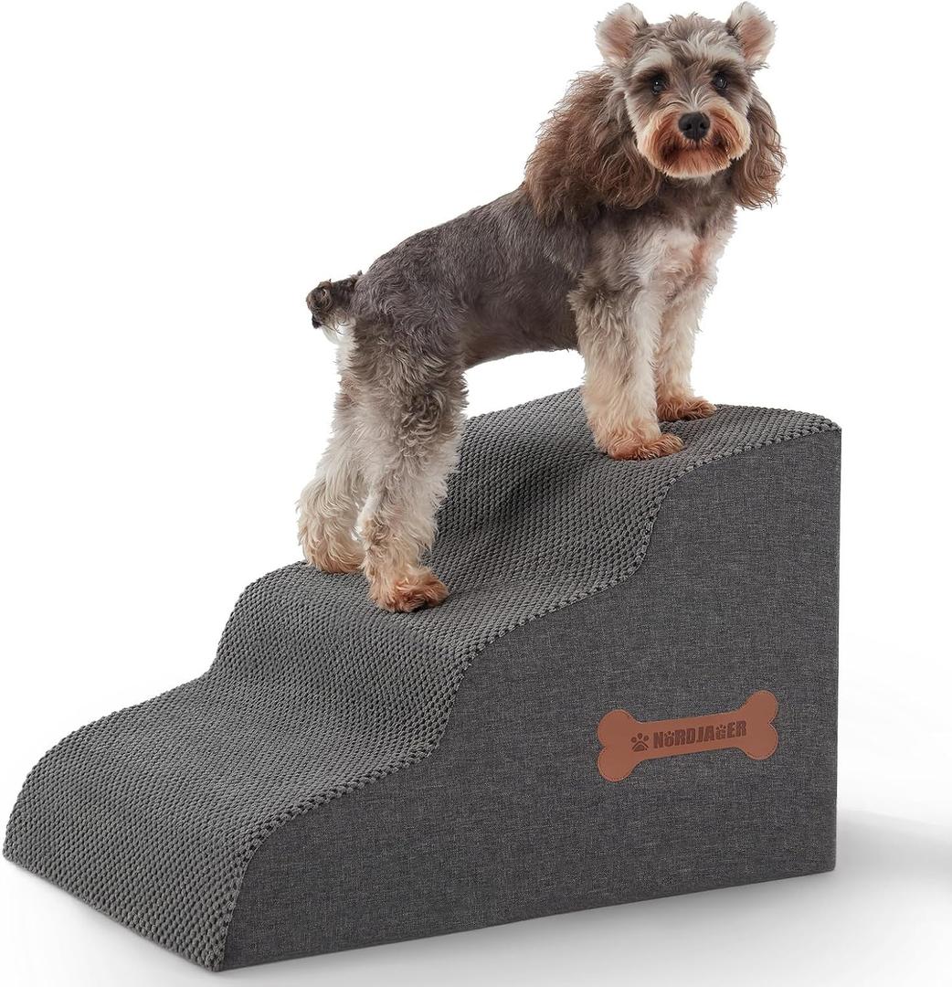 Dog Stairs 3-Step for Small Dogs and Cats to Get on Bed and Furniture/Windows, Pets Can Climb, Sit, or Perch to Look Out Windows, Extra Wide Dog Steps, Non-Slip Waterproof Fabric Cover, Grey15.7" H
