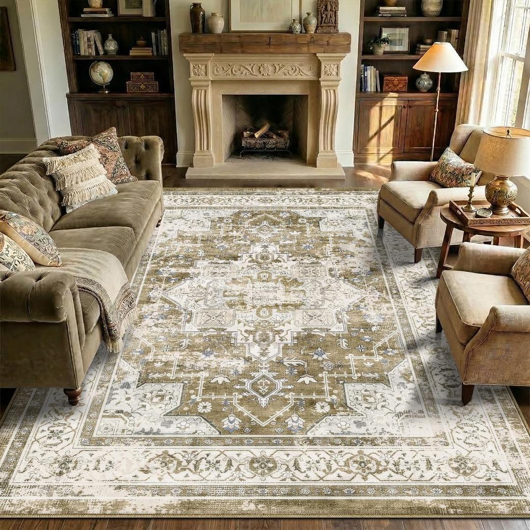 8x10 Area Rugs Living Room: Washable Large Neutral Vintage Soft Rug Stain Resistant Distressed Farmhouse Non-Slip Patterned Carpet for Bedroom Kids Office Dining Room-Brown