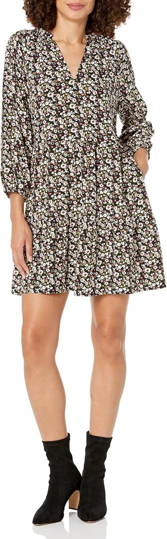 The Drop Womens @Caralynmirand Ruffle-Neck Tiered Mini Dress (2X, Black Floral Print)