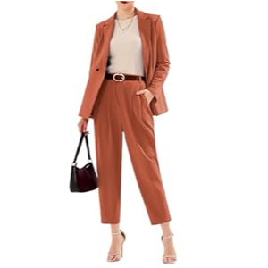 EXLURA Women's Business Blazer and High Elastic Waist Pant Suit Set Loose Fit Casual Fall Winter 2 Piece Suits for Work,S