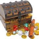 Nautical Cove Wooden Pirates Treasure Chest Box Pirate Treasure Map and Gold Coins/Gems