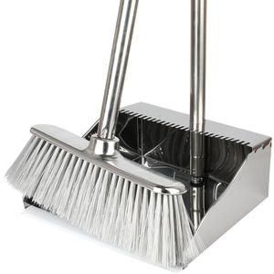 Metal Dustpan with Broom Set, Long Handle Stainless Steel Dustpan,Heavy Duty Standing Dust Pan with Teeth, Indoor Outdoor Up for Home Kitchen Lobby Room Office