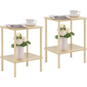 Apicizon 2 Tier End Table Set of 2, Small Side Table with Solid Wood Legs, Boho Bedside Table with Storage Shelf, Nightstand for Small Spaces, Bedroom, Living Room, Entryway, Light Natural